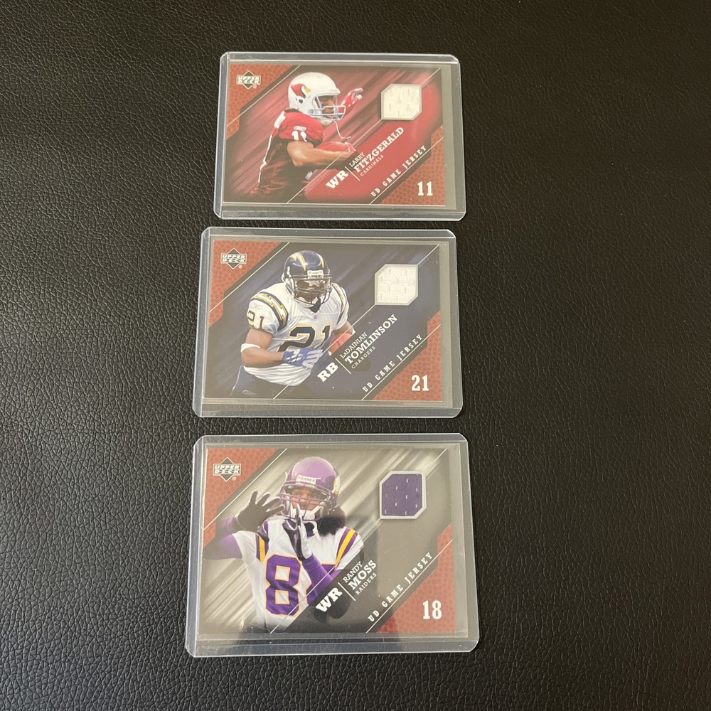 Lot of 3 Upper Deck UD Game Jersey Cards 2005 Moss, Tomlinson, Fitzgerald NFL