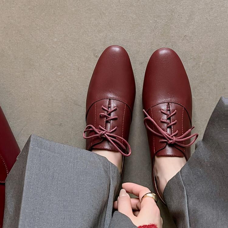 British Women's Lace Up genuine Leather Flats Spring Casual Work Office Shoes