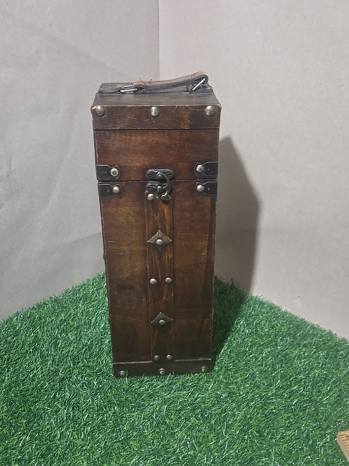 Wine Box Carrier Wood Brass Hardware Leather Like Handle Storage Gift Decor 14”
