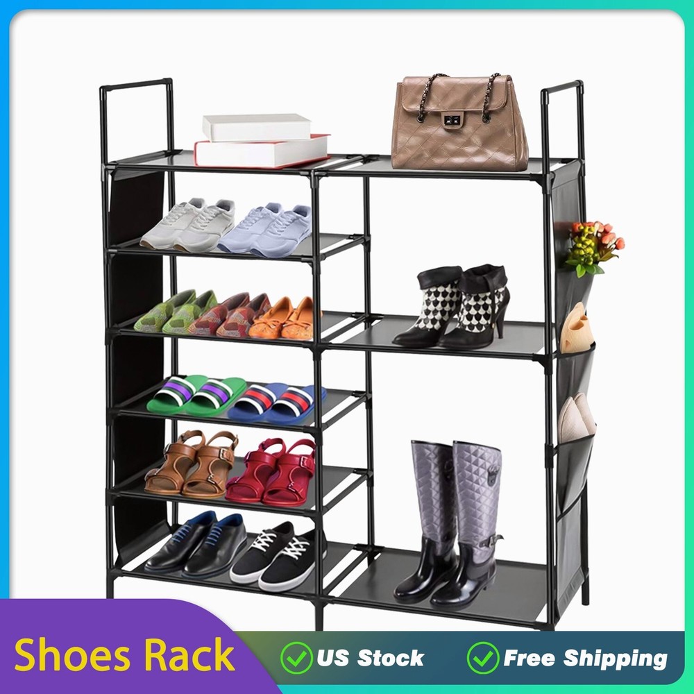 6 Tier Metal Shoe Rack Space Saving Storage Organizer Shelf Shoe Tower W/Pockets