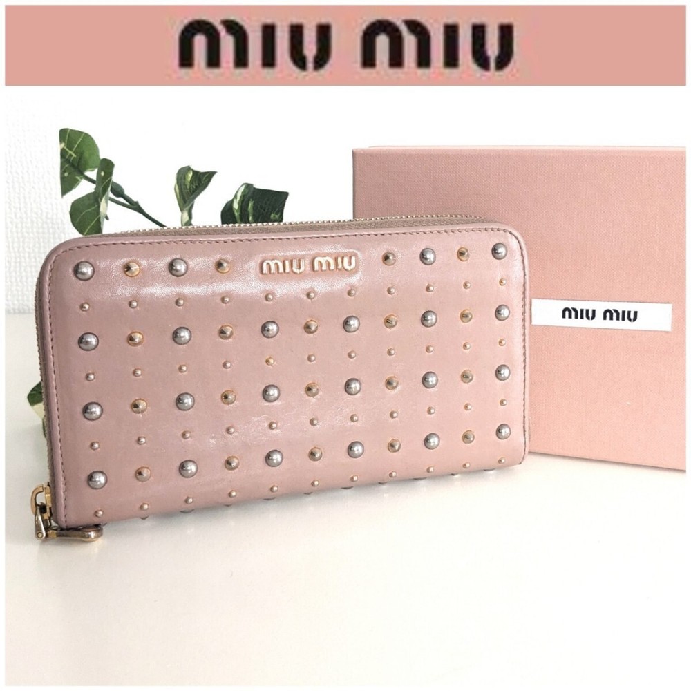 Preowned MIU MIU Pink Studded Leather Round Zip Wallet Ships From Japan