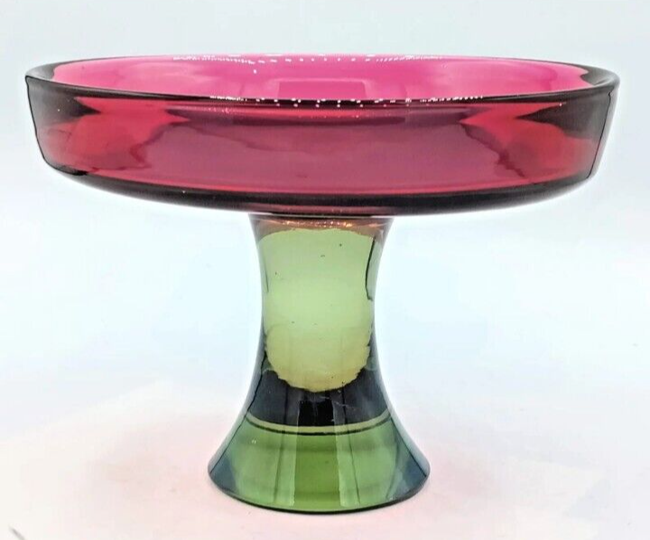Seguso Murano Sommerso Glass Compote Dish Pink Green Watermelon Pedestal