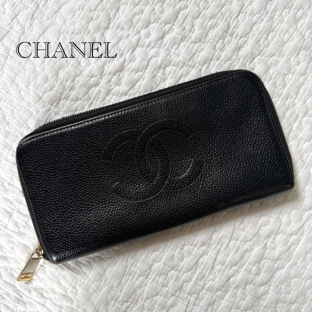 Vintage CHANEL Black Caviar Long Round Zipper Wallet with CC Logo