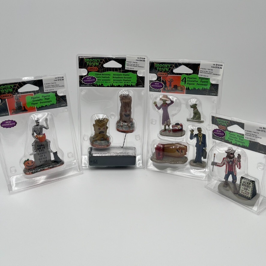 Lemax Spooky Town Carnival Barker and Spooky Tree Trunks Lot of 4 Figurines