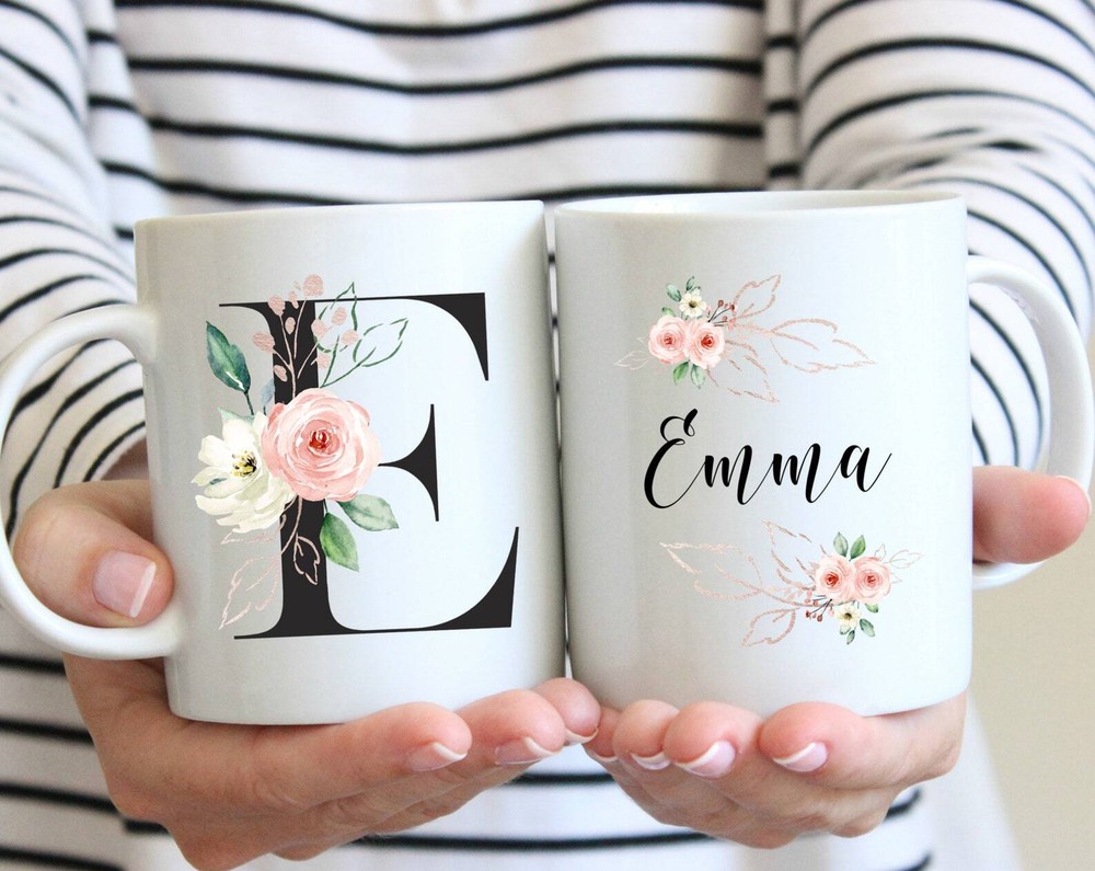 Initial Mug Name Mug Personalized Mug Black Letters Floral Name Mug Customized