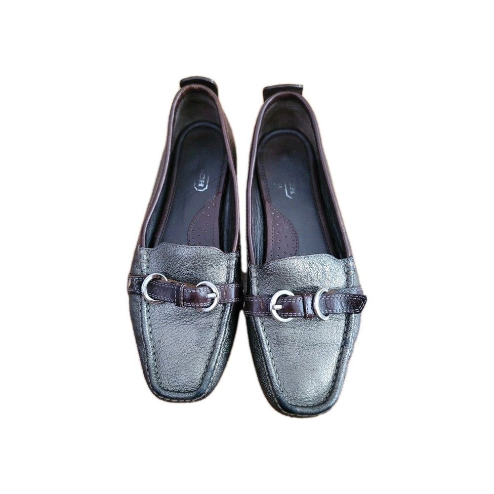 COACH Jillian Leather Loafer Women 8. M Pewter Silver Buckle Driving Moc Shoe