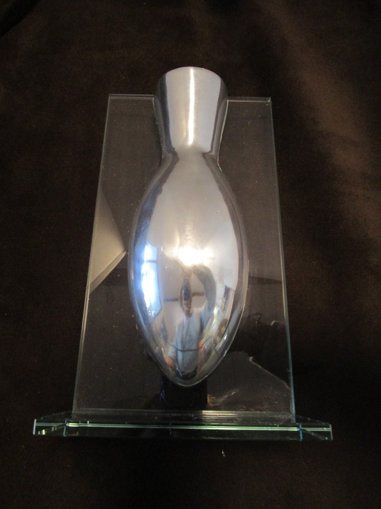 Vintage 1980s Glass Stand with Floating Polished Aluminum Vase 9.5