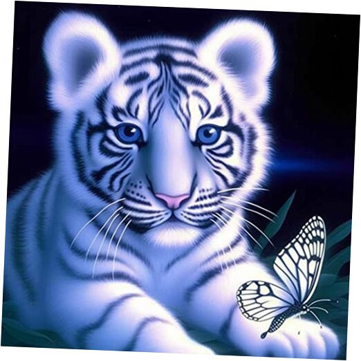 5D Full Drill Diamond Art Painting White Tiger and Butterfly by Number Kits,