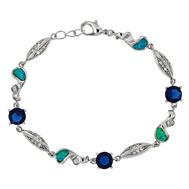 Sapphire & Australian Opal Inlay 925 Sterling Silver Tennis Bracelet OX1
