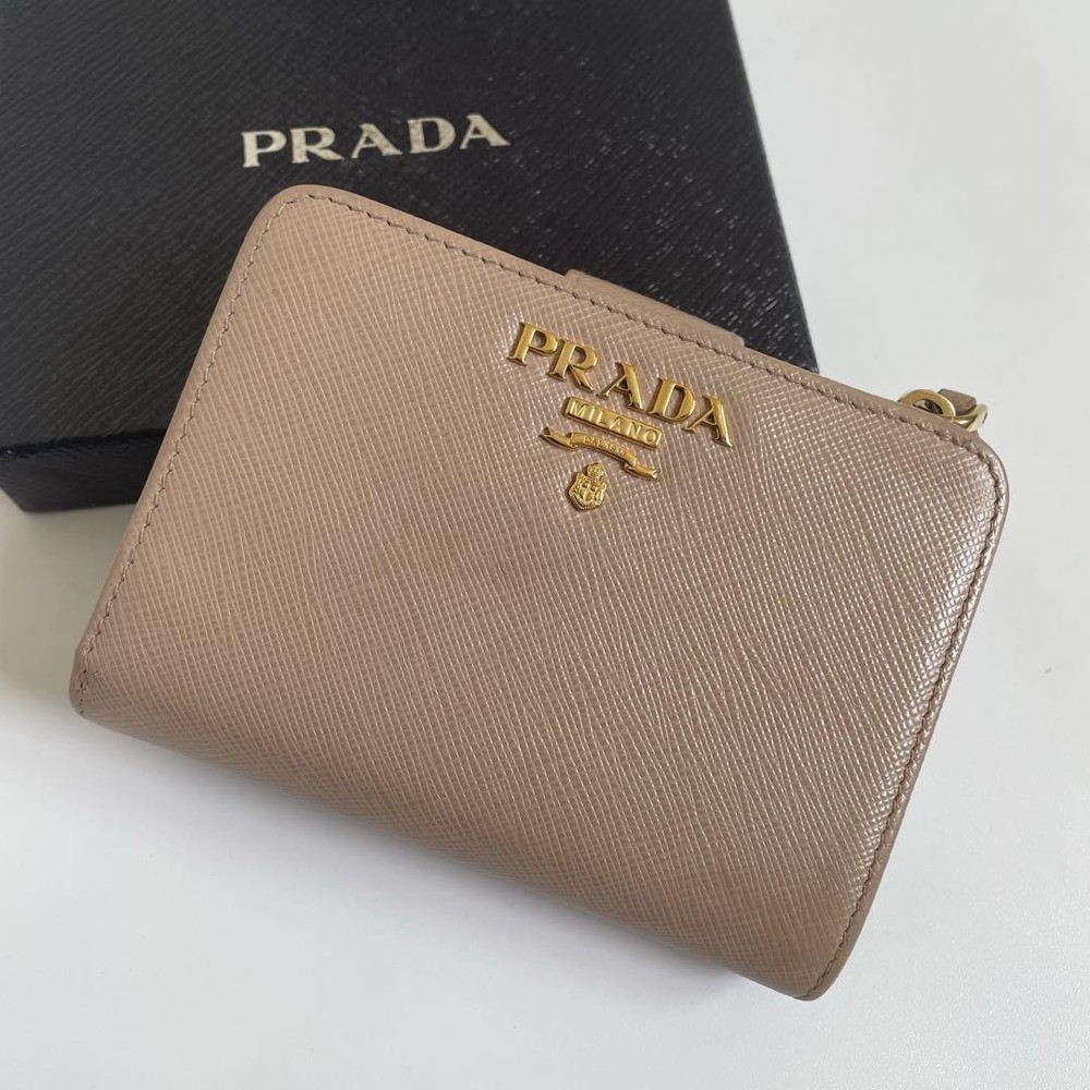 Prada Saffiano Leather Beige L-Zip Bifold Wallet with Card & Coin Pockets