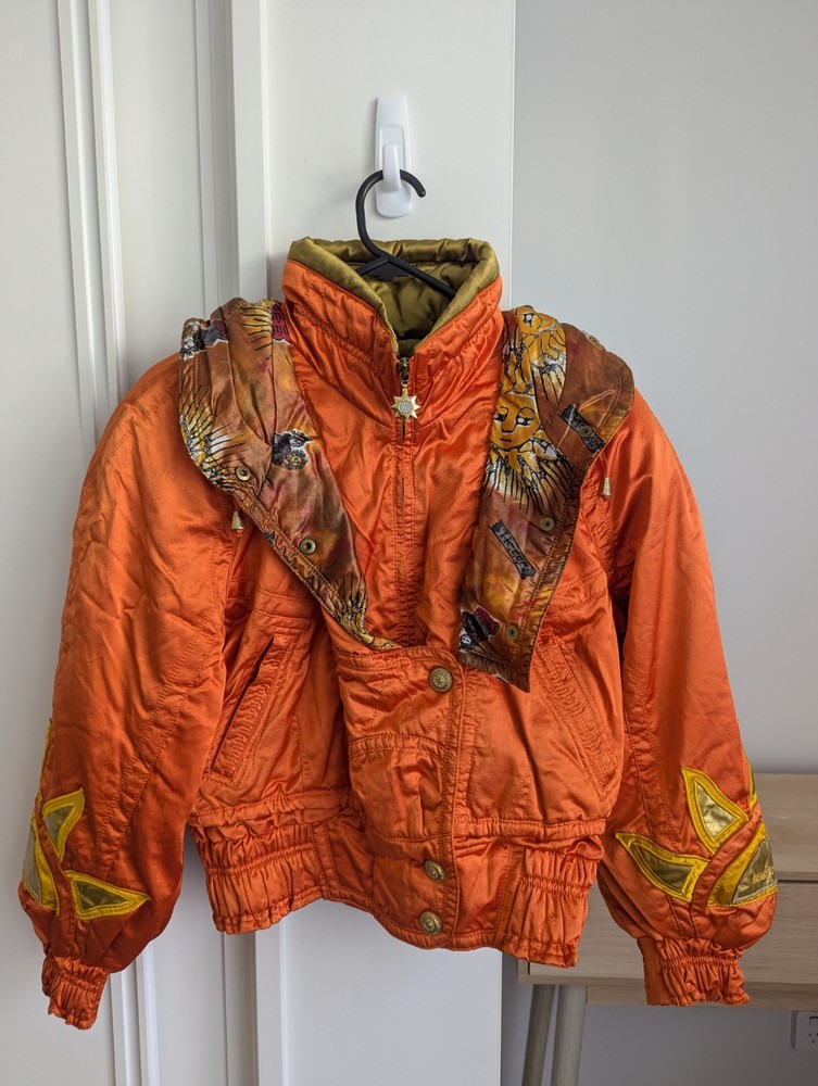 Vintage Retro Snowboard Jacket with Golden Sunshine Design - Unique Style