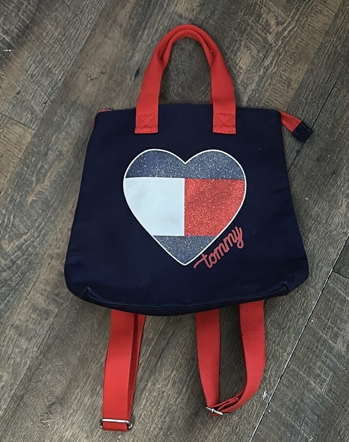 TOMMY HILFIGER Denim Blue Red Heart Backpack Purse Bag Back Pack