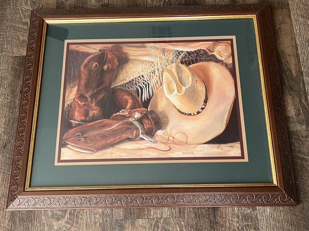 Framed Western Art Cowboy Boots Spurs Hat Home Decor Gift