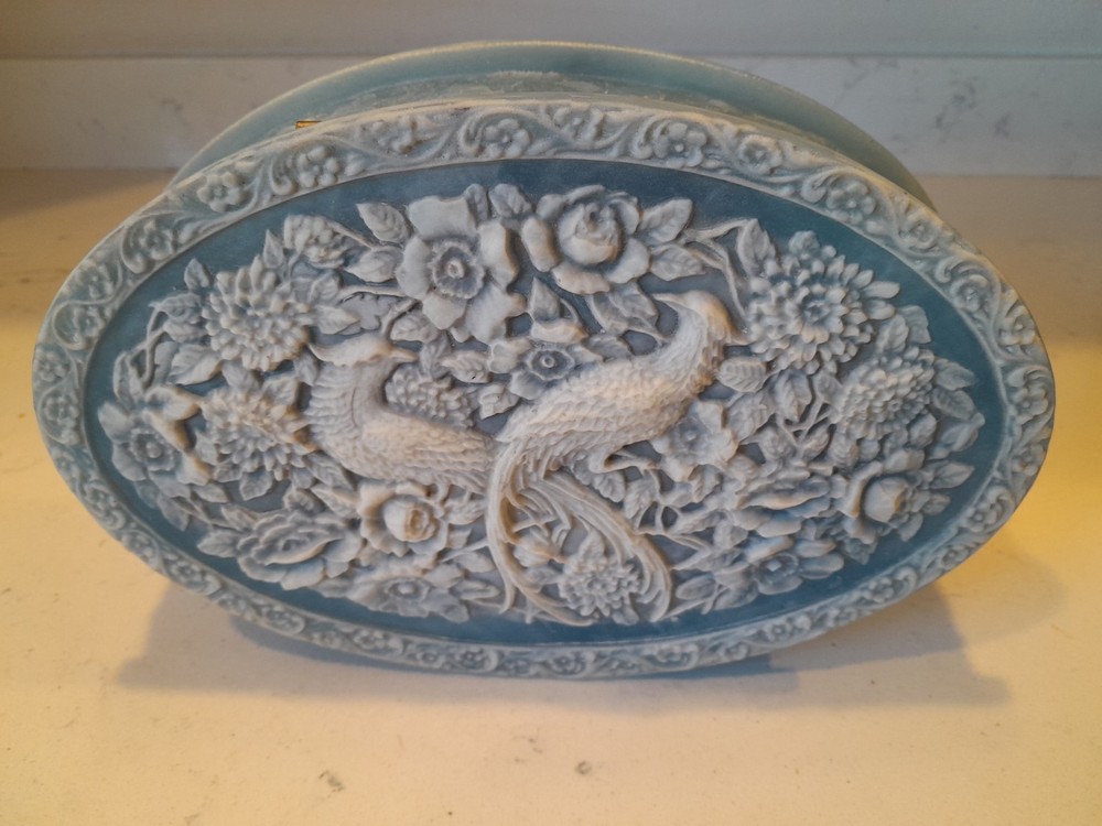Vintage Genuine Incolay Stone Large Jewelry Box Handcarved Birds of Paradise EUC