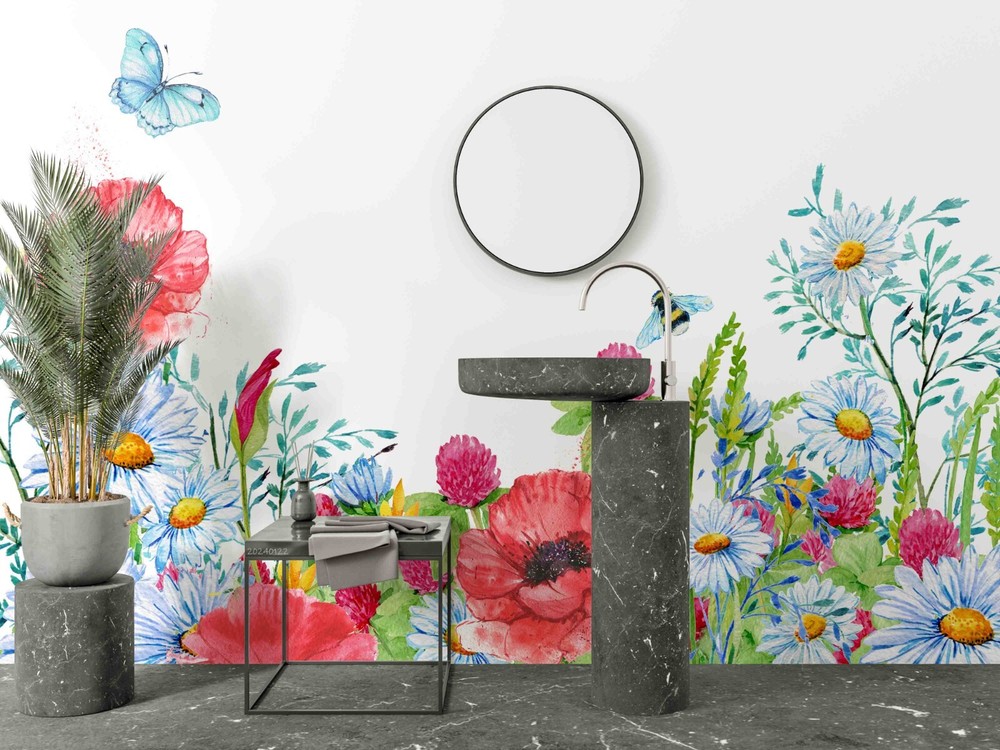 3D Watercolor Pink Floral Butterfly Wall Murals Wallpaper Murals Wall Sticker