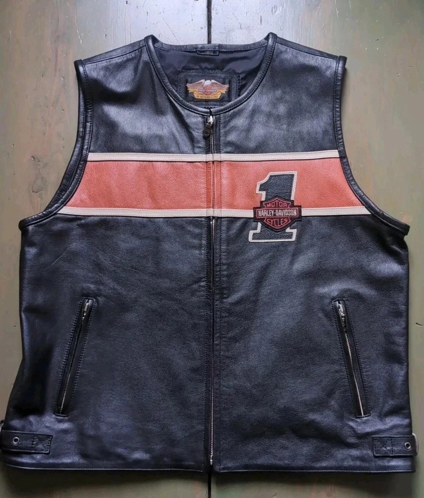 Harley-Davidson Men’s Victory Lane #1 Stripe Leather Motorcycle Biker Vest