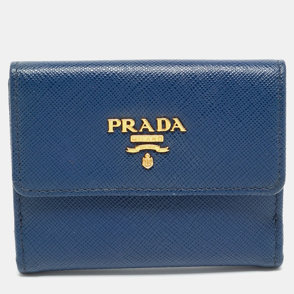 Prada Blue Saffiano Leather Compact Wallet with Metal Accents