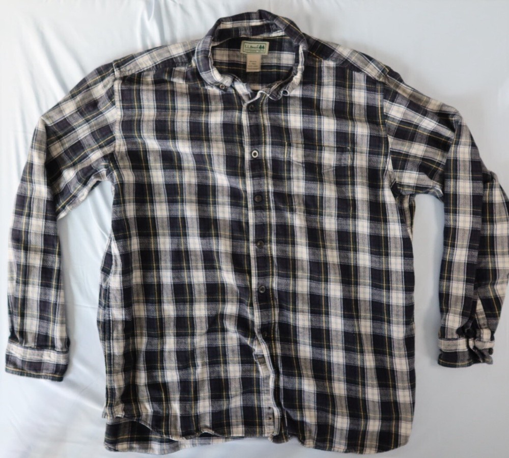 VTG LL Bean Men’s Large Blue Cream Plaid 100% Cotton Flannel Button Shirt