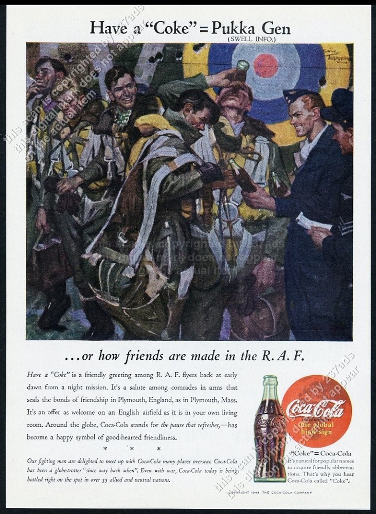 1944 USAF & RAF R.A.F pilots WWII art Coke Coca Cola vintage print ad