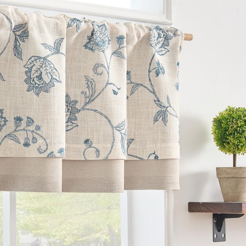 Linen Blend Rustic Floral Valance Double Layer Light Filtering Valance 18 Inc...