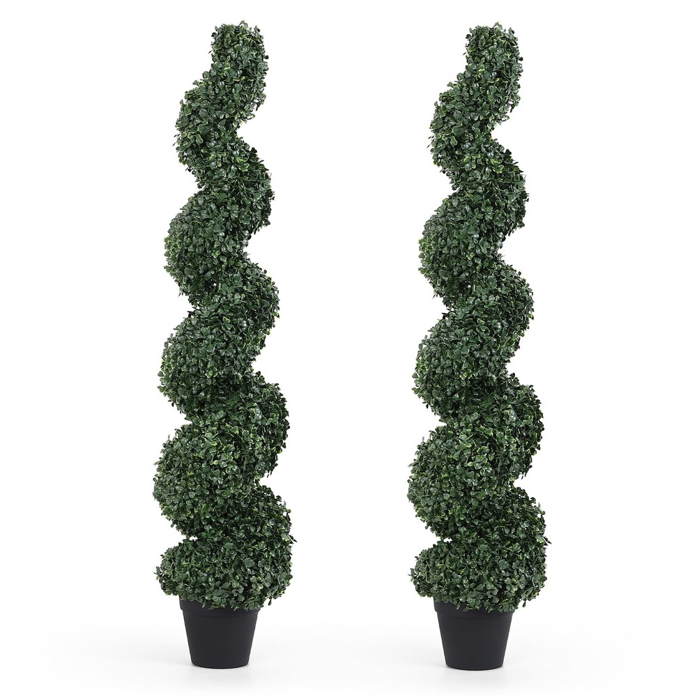 4ft Spiral Topiary Trees Artificial Outdoor Set of 2 – UV Resistant Faux Boxw...