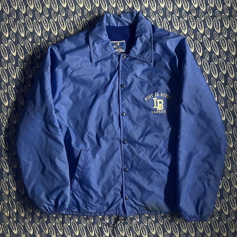 Vintage 80s Champion Fort Le Boeuf Varsity Satin Button Jacket Medium Blue Men’s