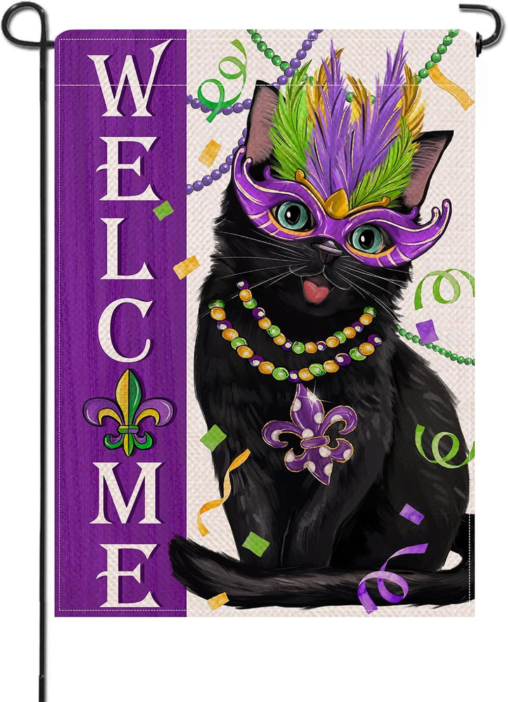 Welcome Mardi Gras Black Cat Decorative Garden Flag, Purple Mask Fleur De Lis Ne