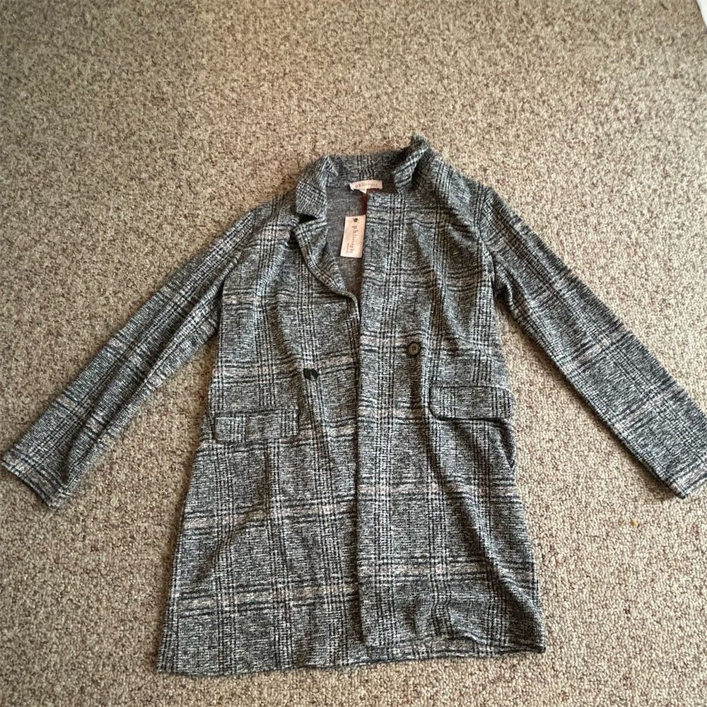 Women's Plaid Pea Coat Jacket Black Button Front Pockets Size M