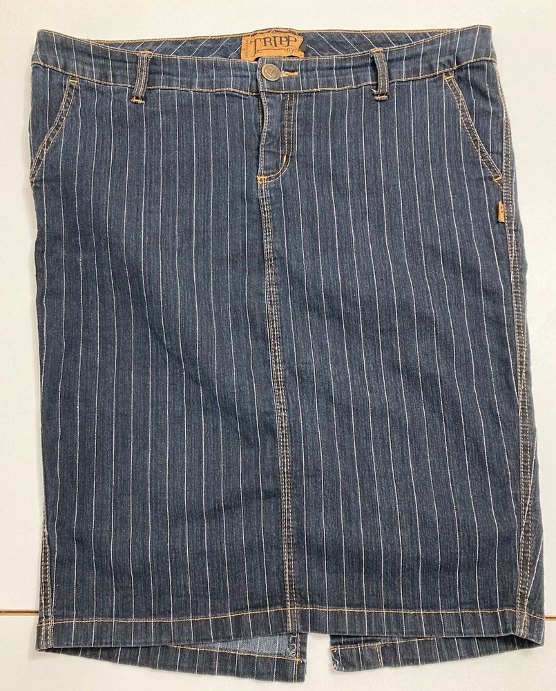 Rare Vintage Y2K Tripp NYC 16 Pinstriped Sailor Denim Pencil Skirt Dark Wash