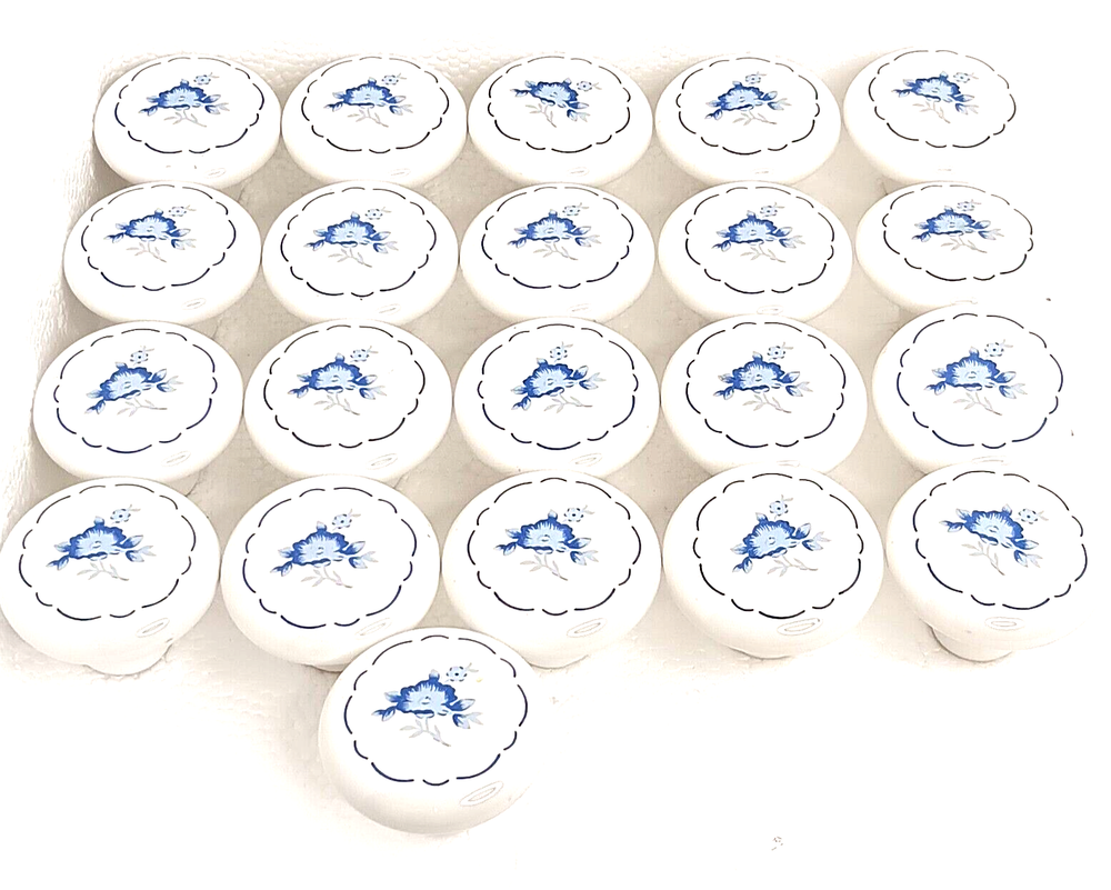 Vintage White Porcelain Drawer Knobs with Blue Flowers Lot of 21