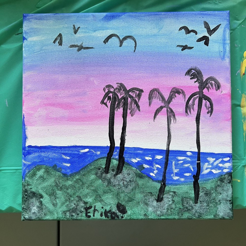 Palm Painting Landscape Original Art Canvas Artwork Acrylic Multicolor 10 x 10”