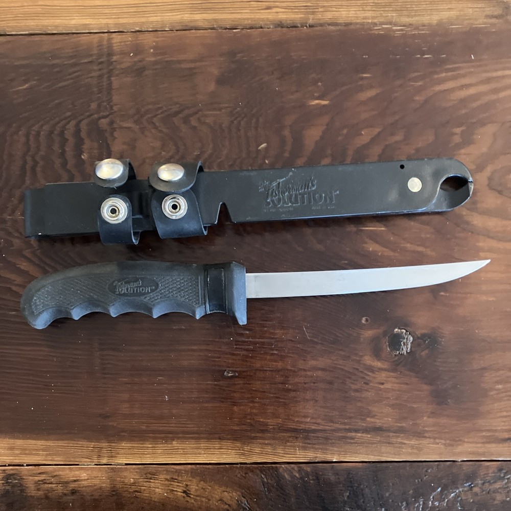 Fisherman’s Solution Fillet Knife w/ Sheath & Sharpener Made in USA EUC