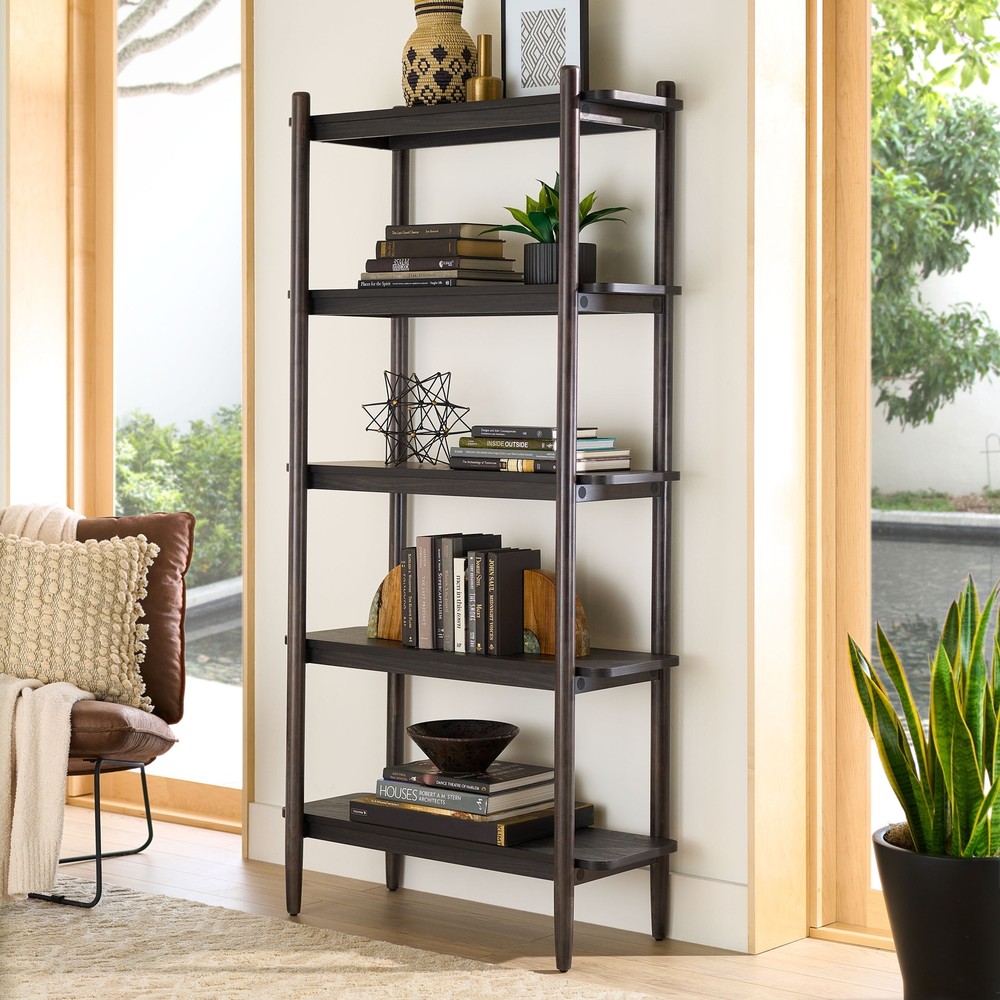Springwood 5 Shelf Bookcase with Solid Wood Frame, Nice Storage, Charcoal Finish