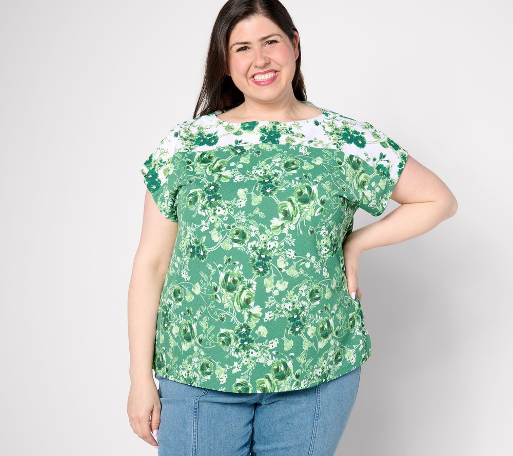 Isaac Mizrahi Live! Women's Top Sz M Duo Printed Pebble Knit Cap Green A640798