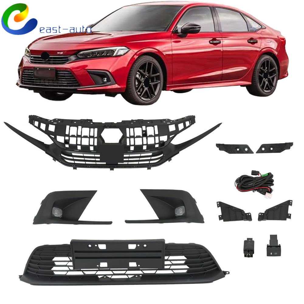 Kit For 2022-2023 Honda Civic Front Side Upper+Lower Grill W/Molding Fog Lights