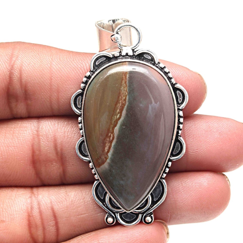 Valentines Day Silver Pendant with Polygram Jasper Gemstone Jewelry 2.5 Inch