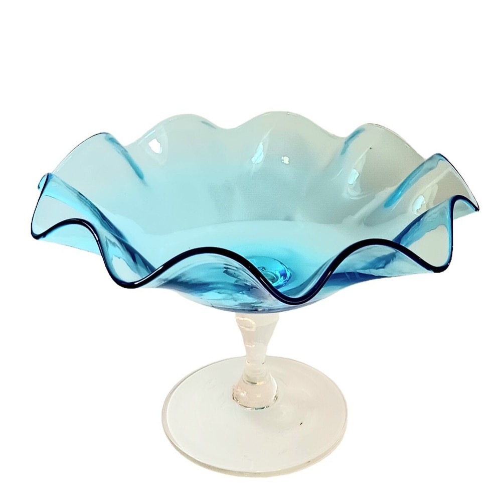Ruffled Candy Compote Blue Glass Hand Blown Dish Clear Stem Mid-century Modern