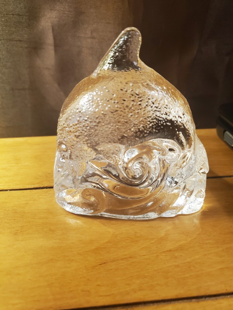 Vintage PartyLite Clear Glass Dolphin Tea Light Candle Holder with Jumping Dolphins Design