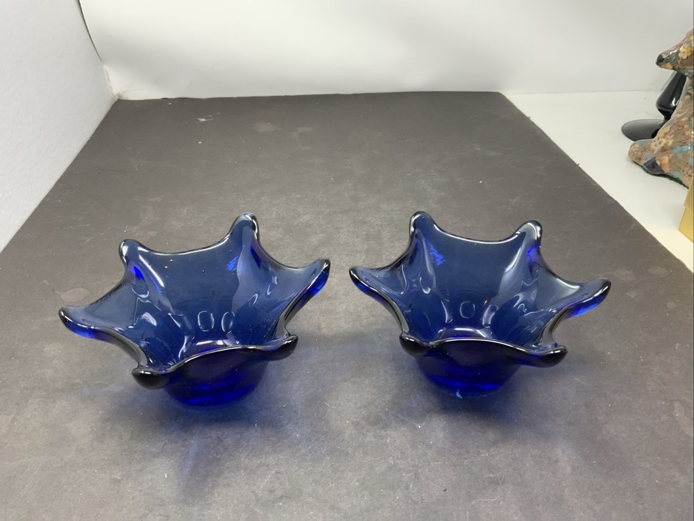 Starburst Cobalt Blue Glass Candle Votive Holders Set of 2