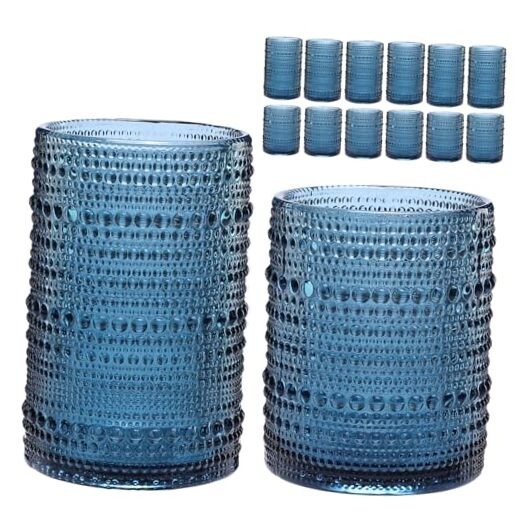 Vintage Blue Glassware Set of 12 - 12oz & 15oz Drinking Glasses