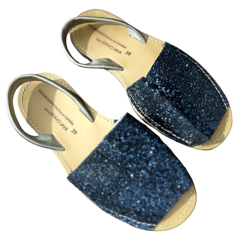 Bravo Java Spain Blue Glitter Leather Flat Sandals for Women