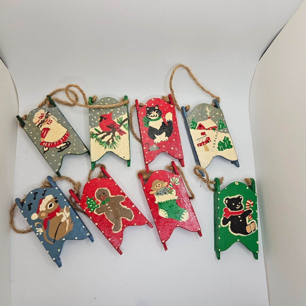 Vintage Hand Painted Wooden Sled Ornaments Lot of 8 – Mini Christmas Sleds