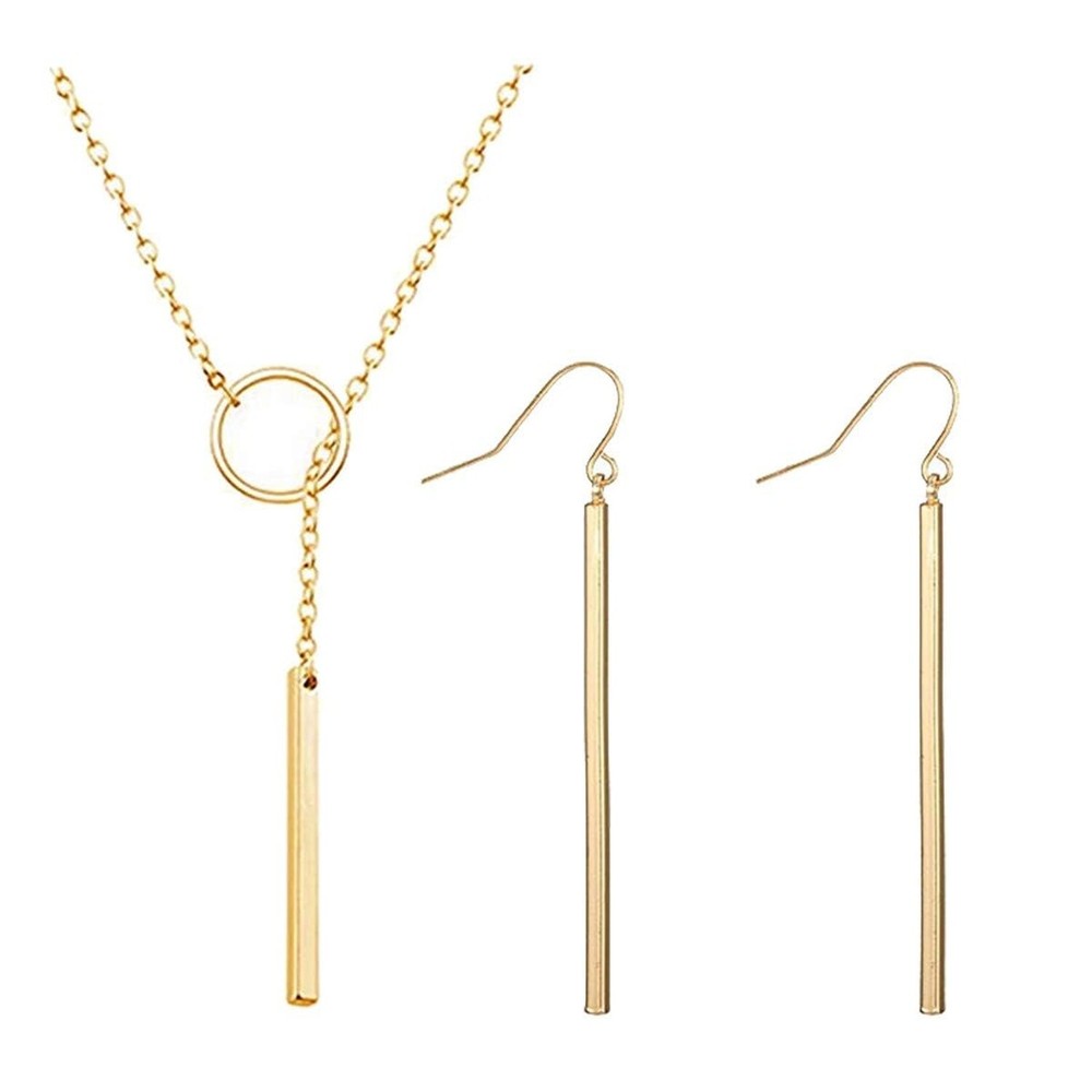 Dcfywl731 Minimal Dainty Gold Plated Dangle Earrings Layered Bar Pendant Neck...