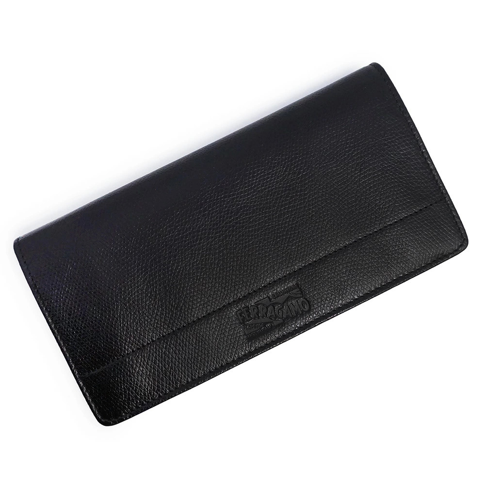 Ferragamo Salvatore Bifold Wallet Logo Embossed Calfskin Nero Unused