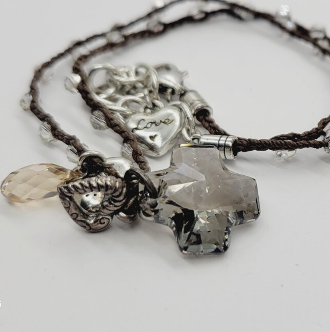 Brighton Karma Cross Love Charm Necklace Silver Tone Brown Cord 18 Inch Dangle