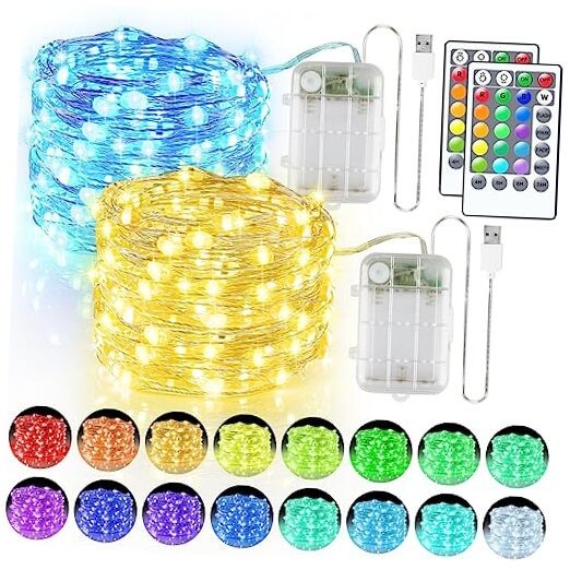 33ft 100LED Fairy Lights Battery 16.5ft 50LED-2 Pack 16 RGB Colors(Battery+USB)