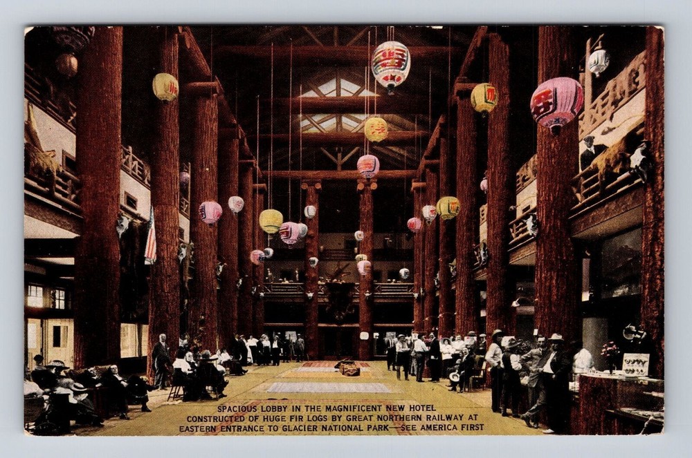 Glacier National Park, Huge Fir Logs in Lobby in New Hotel, Vintage Postcard