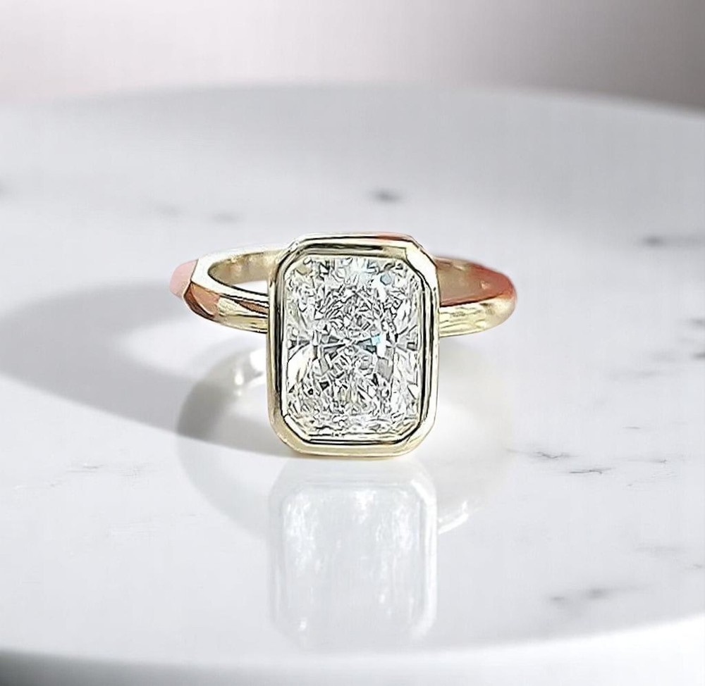 2.0CTW IGI Certified Emerald Cut Lab Diamond Bezel Set 14k Yellow Gold Ring