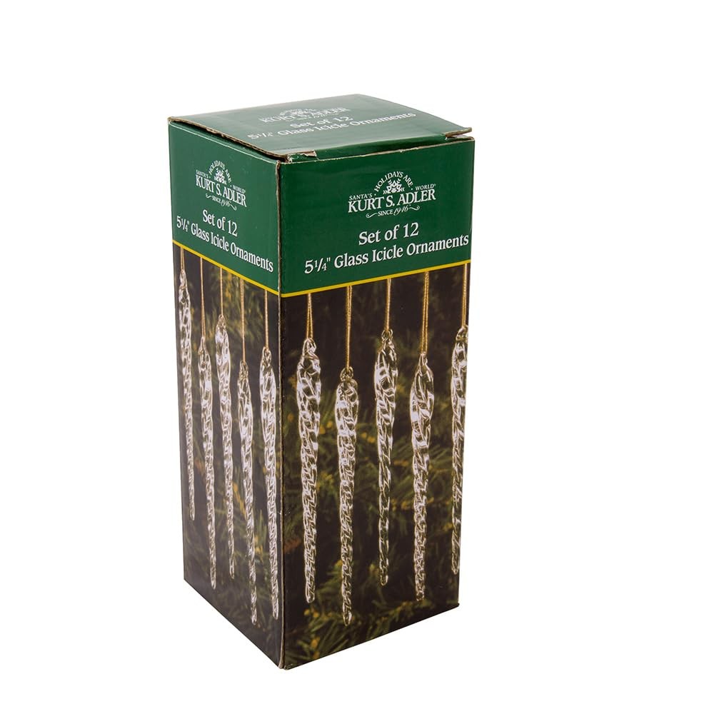Kurt Adler 5-1/4-Inch Glass Icicle Ornament 12-Piece Box Set, Clear, 1 Pack