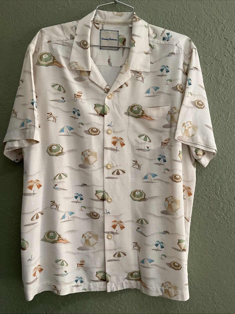 Tommy Bahama Men’s Silk Aloha Camp Shirt with Hawaiian Beach Scene Design